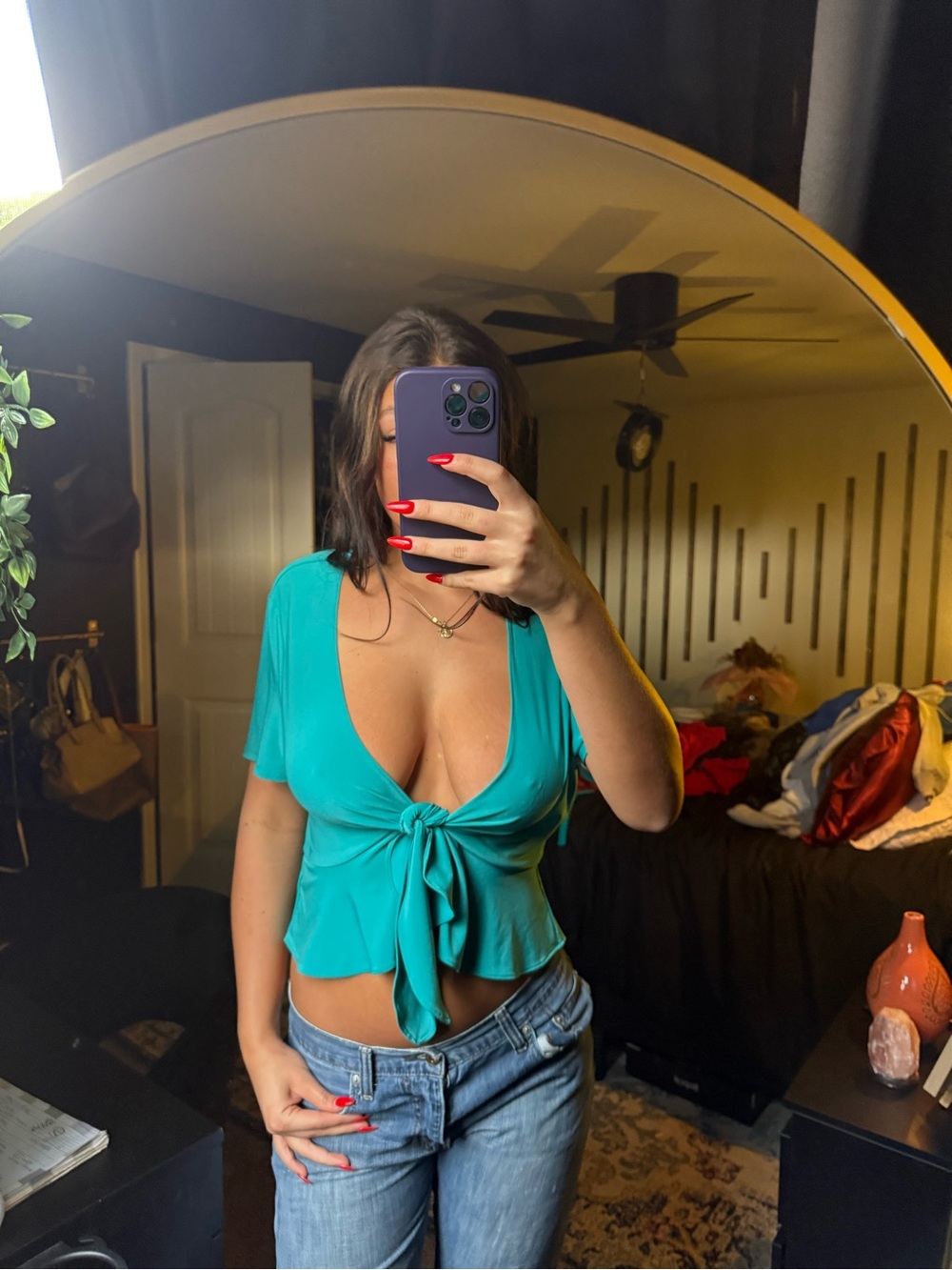 Perceptions Teal Tie-Front Short Sleeve Crop Top